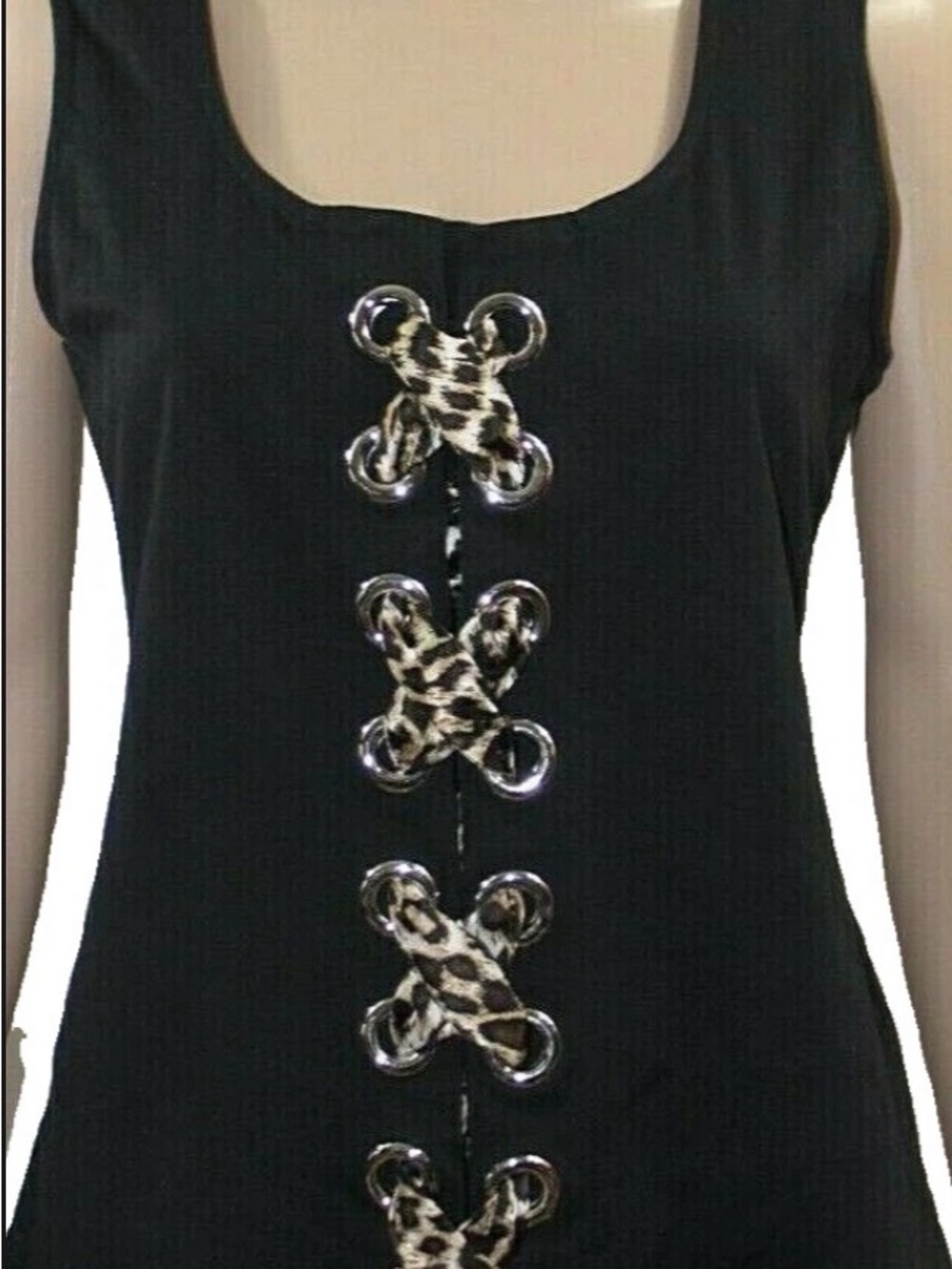 INC International Concepts Black Ponte Knit Top Leopard Print Laces Sleeveless L